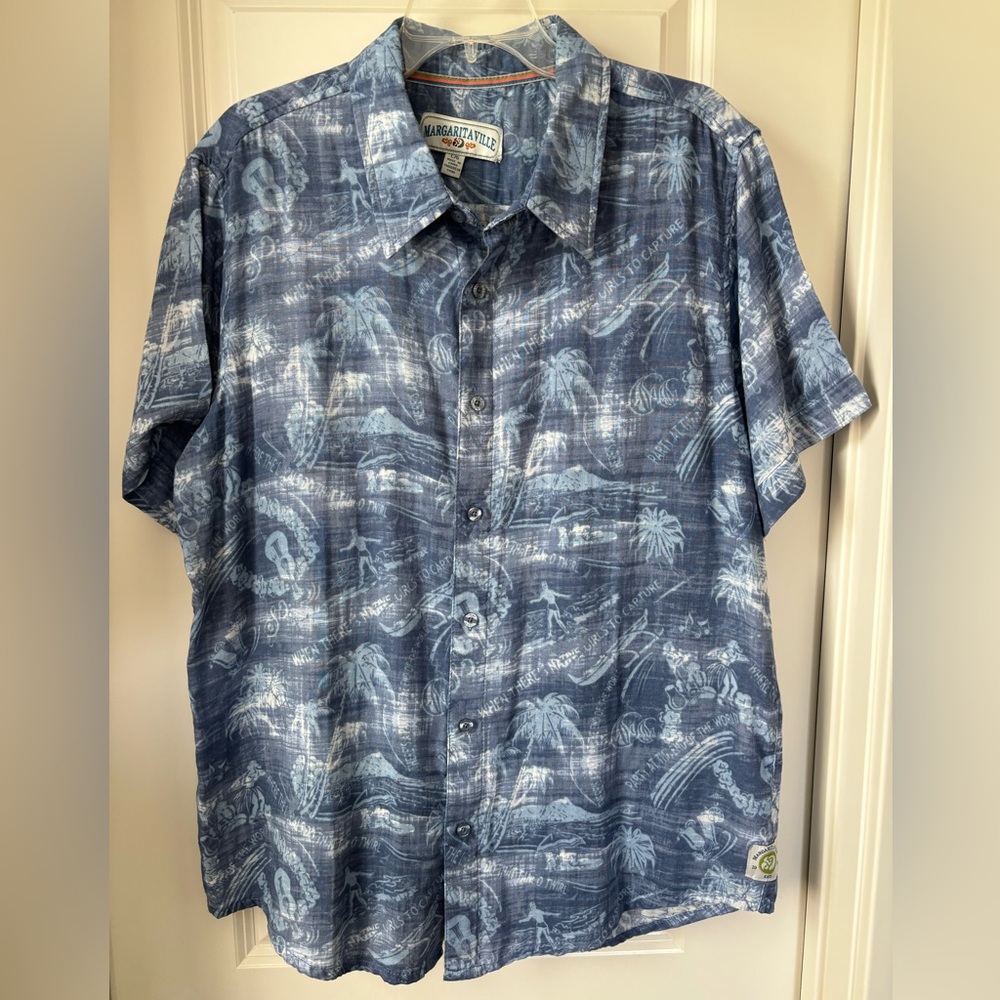 Margaritaville Button Down Short Sleeve Shirt, Blue & White, Size L